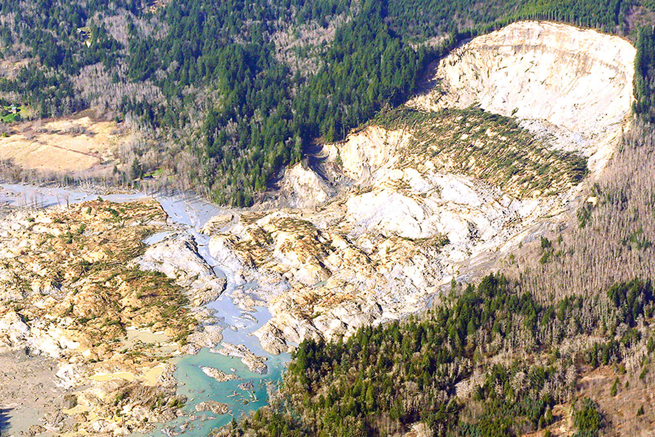 The massive mudslide that killed at least eight people and left dozens missing is shown in this aerial photo, Monday, March 24, 2014, near Arlington, Wash. The search for survivors grew Monday, raising fears that the death toll could climb far beyond the eight confirmed fatalities. (AP Photo/Ted S. Warren)