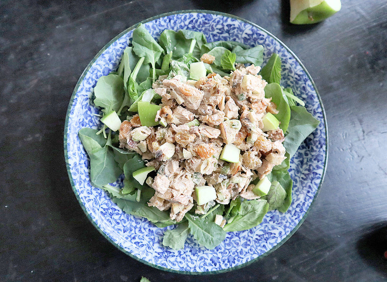 This curried rotisserie chicken salad gets its crunch from toasted almonds and diced Granny Smith apples. (Gretchen McKay/Pittsburgh Post-Gazette)
