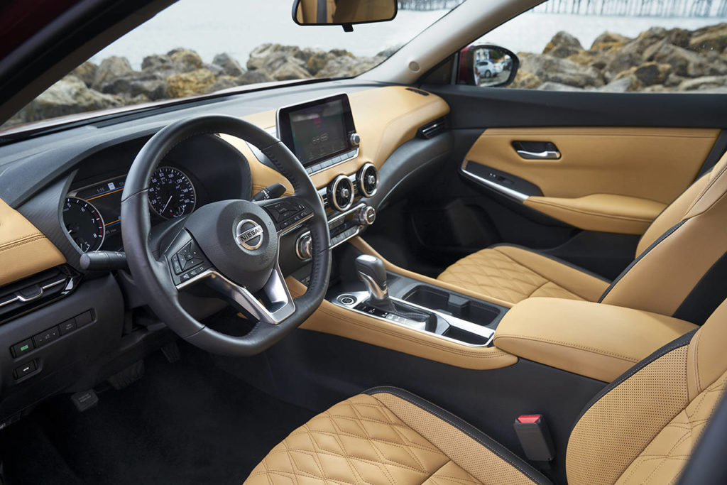 The Sentra SV model has an 8-inch touchscreen and dual-zone automatic climate control. An optional Premium Package adds heated front seats, quilted upholstery, a power-adjustable driver’s seat and more. (Manufacturer photo)
