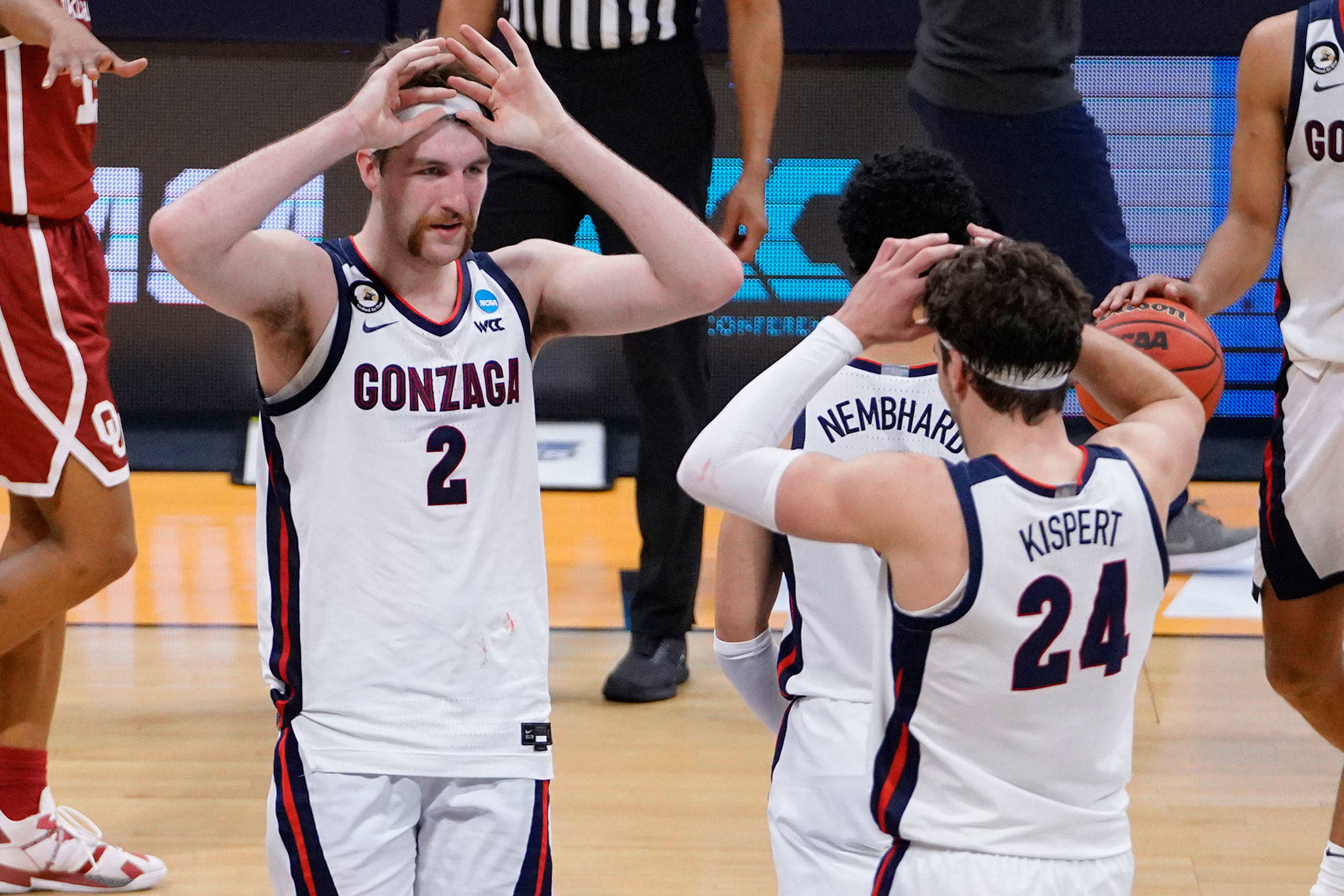 Gonzaga forward Drew Timme (2) celebrates with teammate Corey Kispert (24) after defeating Oklahoma in the second round of the NCAA men’s tournament on Monday at Hinkle Fieldhouse in Indianapolis. (AP Photo/AJ Mast)