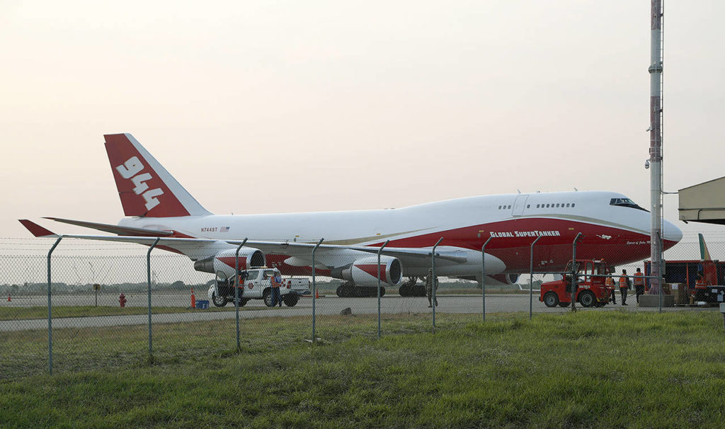 A Boeing 747-400 Global SuperTanker stands of the tarmac before it starts firefighting operations at the Viru Viru airport in Santa Cruz, Bolivia, on Aug. 23, 2019. (AP Photo/Juan Karita, file)
