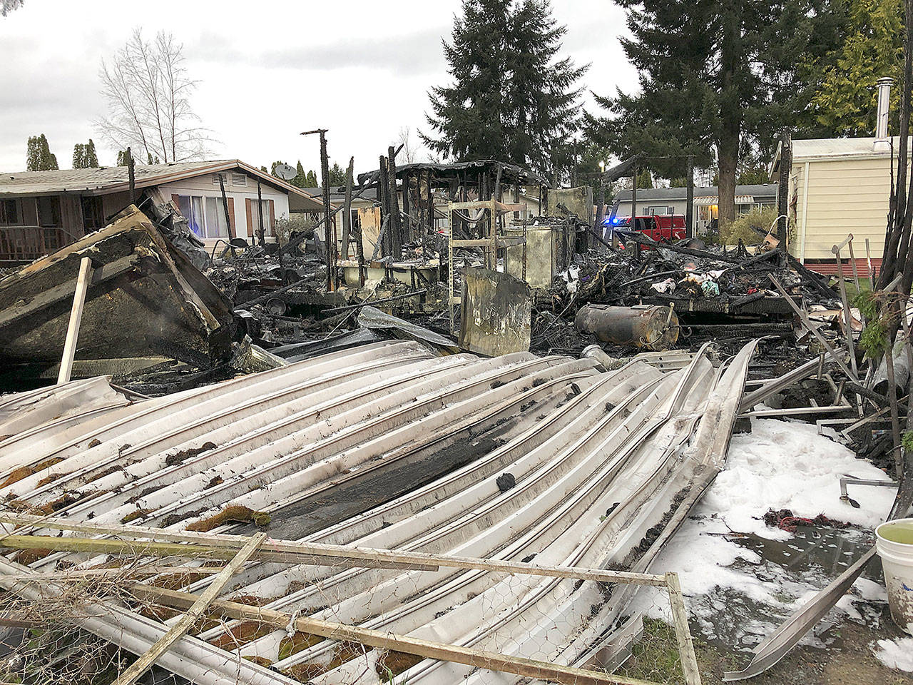 Four people lost their housing but were not injured early Sunday morning after a fire damaged three units at a mobile home park in Marysville. (Marysville Fire District)