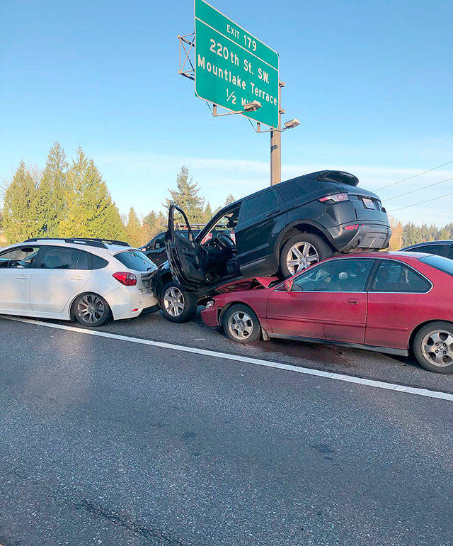 Traffic on southbound I-5 was backed up about four miles Monday morning after multiple vehicles collided near 212th Street SW in Mountlake Terrace. (Washington State Patrol)