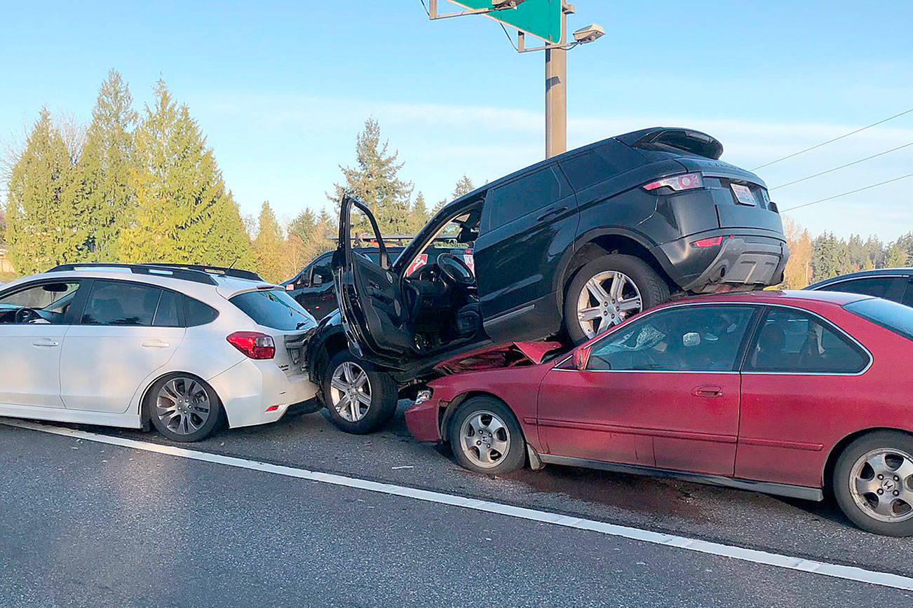 Traffic on southbound I-5 was backed up about four miles Monday morning after multiple vehicles collided near 212th Street SW in Mountlake Terrace. (Washington State Patrol)