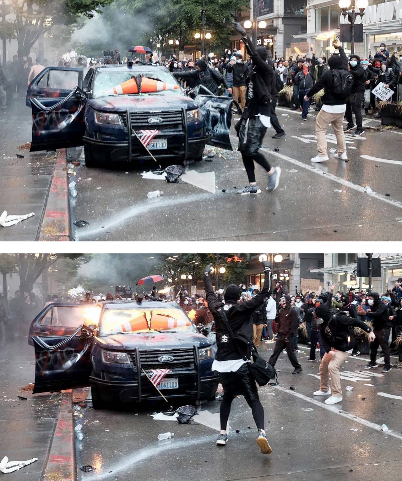 Video footage shows a male suspect throwing what appears to be a Molotov cocktail through the open driver’s side door of a police vehicle in Seattle on May 30, 2020. (U.S. Department of Justice)