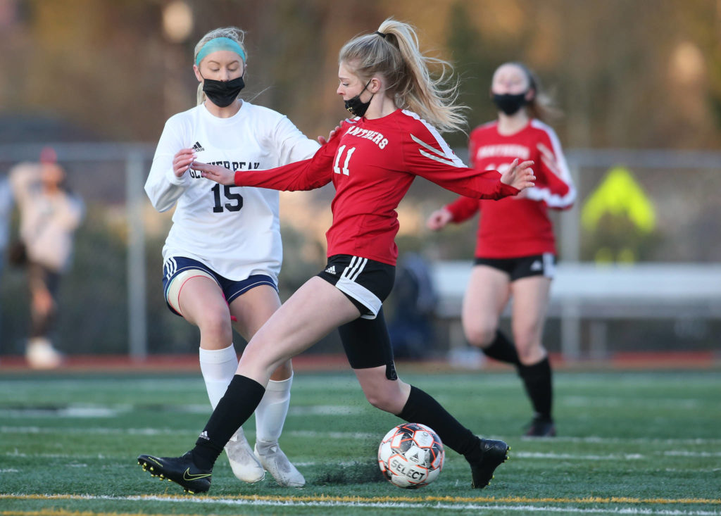 Glacier Peak and Snohomish meet in a girls soccer match at Veterans Memorial Stadium on Monday in Snohomish. (Andy Bronson / The Herald)
