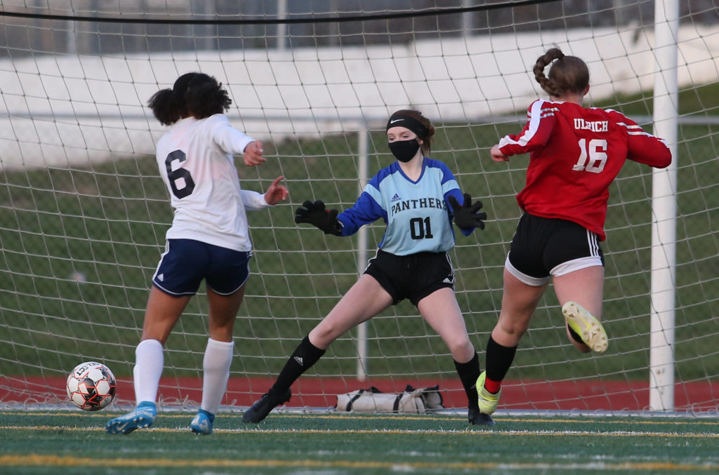 Glacier Peak’s Aaliyah Collins (6) scores a goal in the first half during a girls soccer match against Snohomish at Veterans Memorial Stadium on Monday in Snohomish. (Andy Bronson / The Herald)
