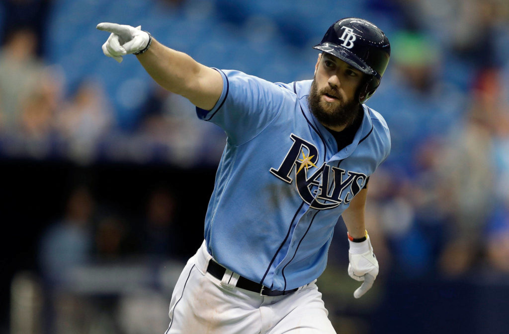 The Tampa Bay Rays’ Steven Souza Jr., a Cascade High School alum, celebrates after his walk-off home run against the Milwaukee Brewers in 2018 in St. Petersburg, Fla. (AP Photo/Chris O’Meara)
