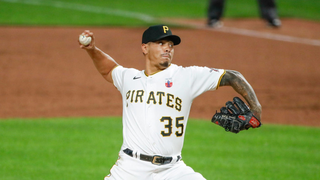 Pittsburgh Pirates relief pitcher Keone Kela, an Everett Community College alum, delivers during a game against the Cleveland Indians on Aug. 18, 2020, in Pittsburgh. (AP Photo/Gene J. Puskar)
