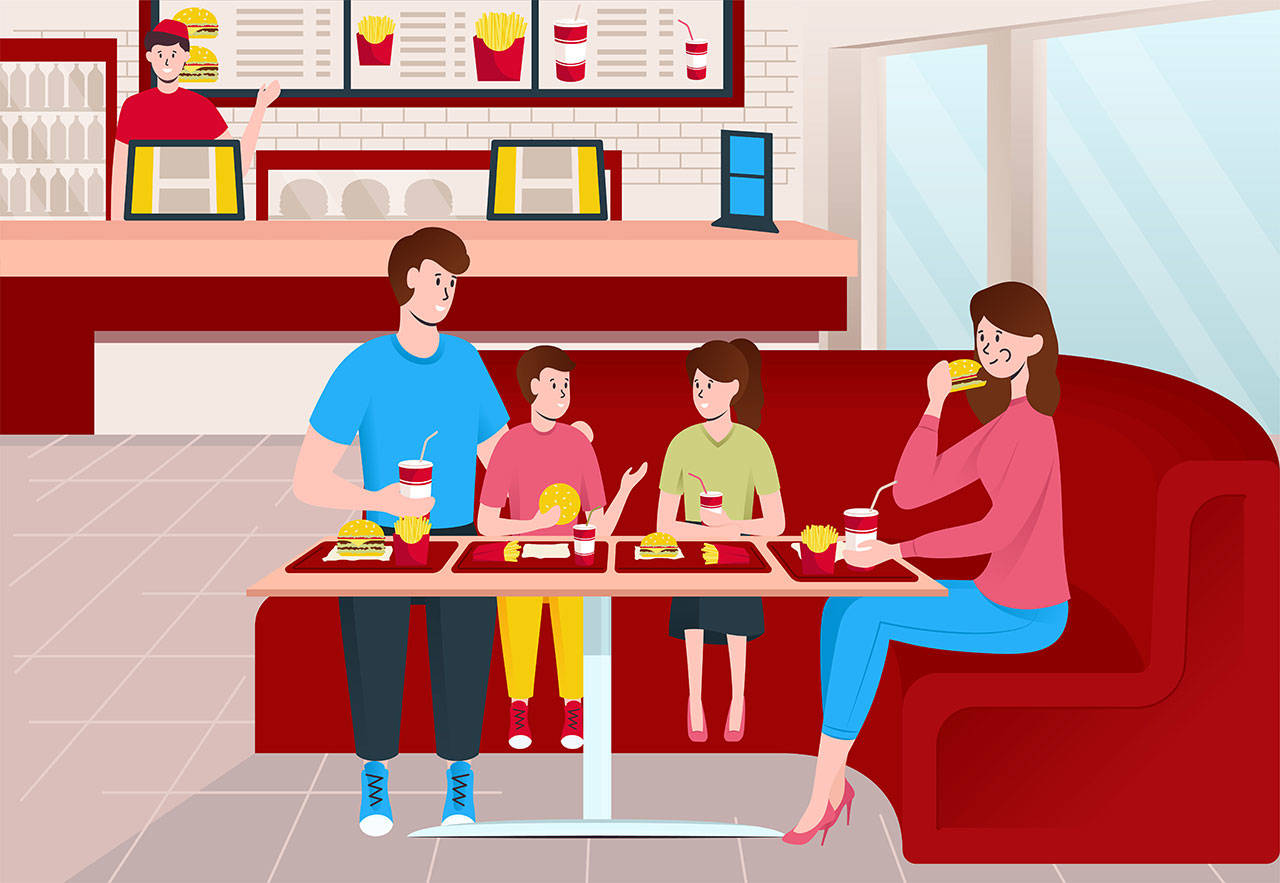 Cartoon Color Characters People Family Eating Fast Food Restaurant Interior Inside Concept Flat Design Style. Vector illustration