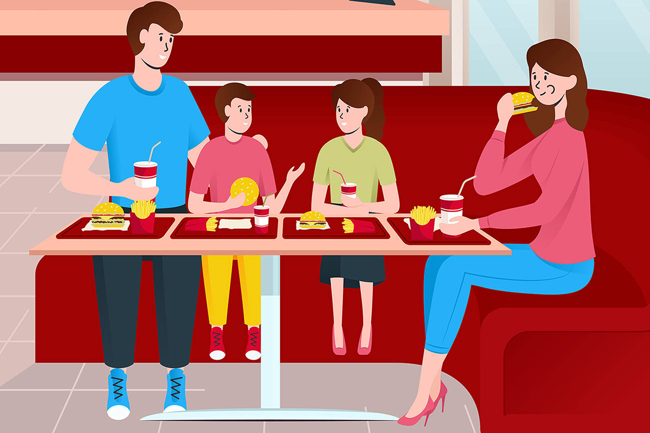 Cartoon Color Characters People Family Eating Fast Food Restaurant Interior Inside Concept Flat Design Style. Vector illustration