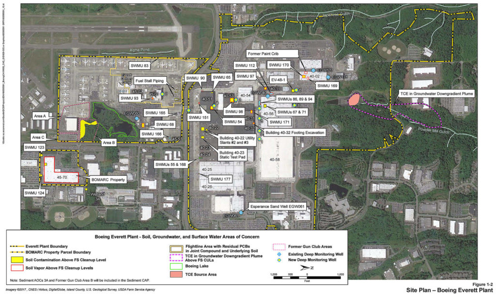 A map of chemical pollution points at Boeing’s Everett site, from a trove of documents posted online by the state Department of Ecology. 
