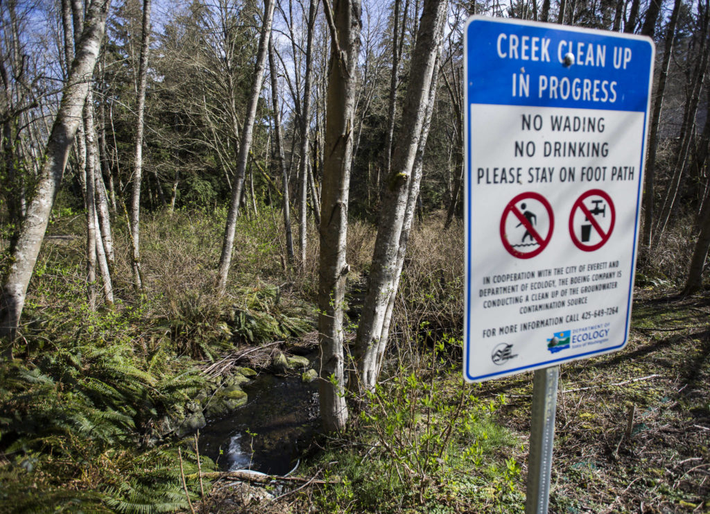 Signs from the Department of Ecology warning about contamination are placed along the creek that runs through Powder Mill Gulch. (Olivia Vanni / The Herald)
