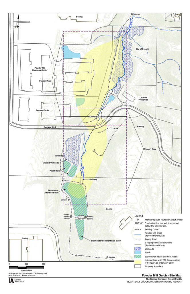 A map of a plume of contaminated groundwater beneath Powder Mill Gulch on the north side of Boeing’s Everett site. (Washington Department of Ecology) 
