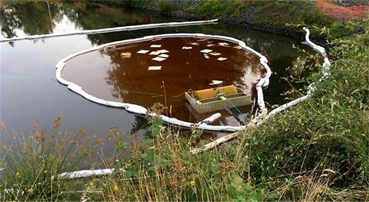This July 2018 photo shows absorbents placed to contain oil in the stormwater pond outside Achilles USA. (Washington State Department of Ecology, file)
