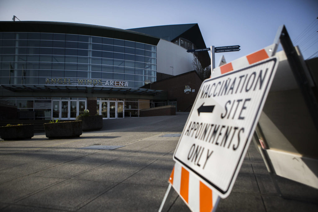 One of Snohomish County&rsquo;s mass vaccination sites is at Angel of the Winds Arena in Everett. (Olivia Vanni / The Herald)
