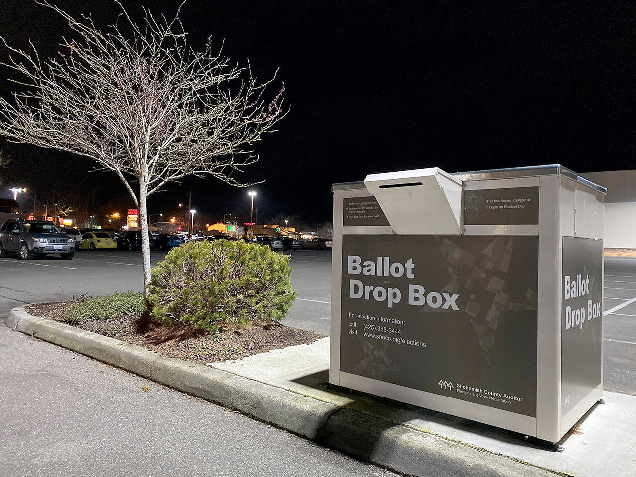Legislation outlawing fake ballot drop boxes, as opposed to this official Snohomish County elections box, is awaiting Gov. Jay Inslee’s signature. The state Senator who wrote the bill called it “our little vaccination bill for election integrity.” (Sue Misao / Herald file)