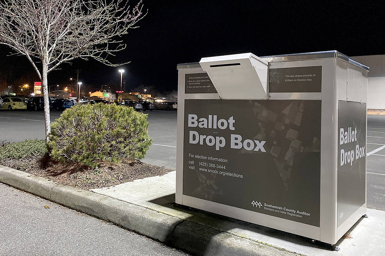 There are ballot drop boxes scattered around Snohomish County. This one is in the parking lot at the Everett Mall. (Sue Misao / Herald file)