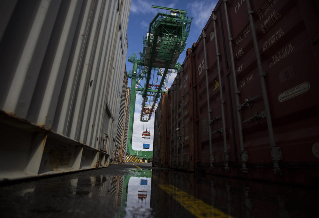 A piece of cargo is offloaded at the South Terminal of the Port of Everett on Thursday. (Olivia Vanni / The Herald)
