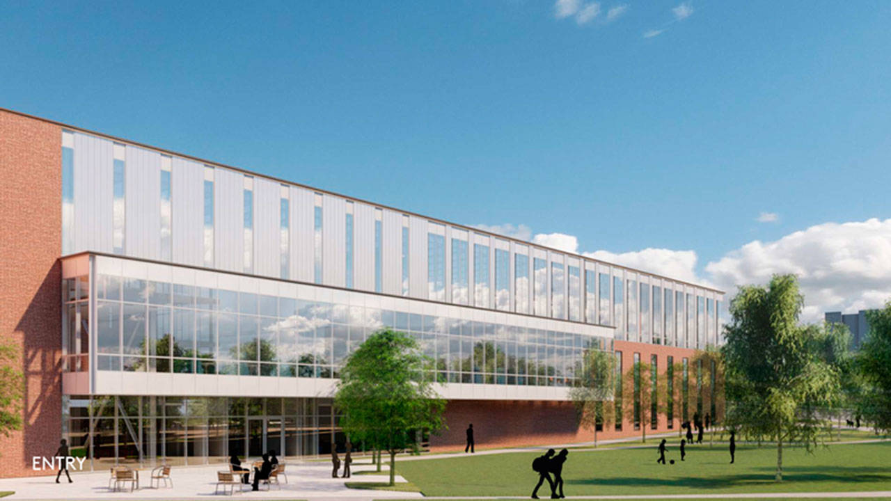An architectural illustration shows the proposed Learning Resource Center at Everett Community College. The center would replace the college’s Library Media Center, built in 1988. The state Senate capital budget proposal allocates $48 million for its construction, while the House budget includes no funding for the new library. (Courtesy of Everett Community College)