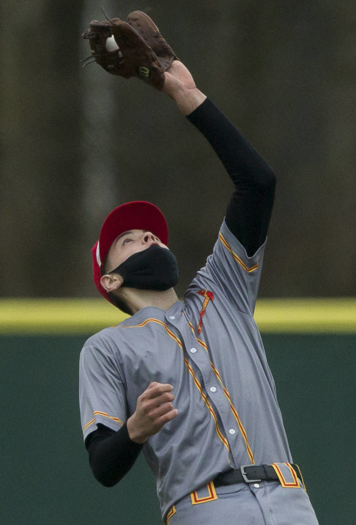 Marysville Pilchuck’s Royce Hale makes a catch during a game against Marysville Getchell on April 7, 2021, in Marysville. (Olivia Vanni / The Herald)
