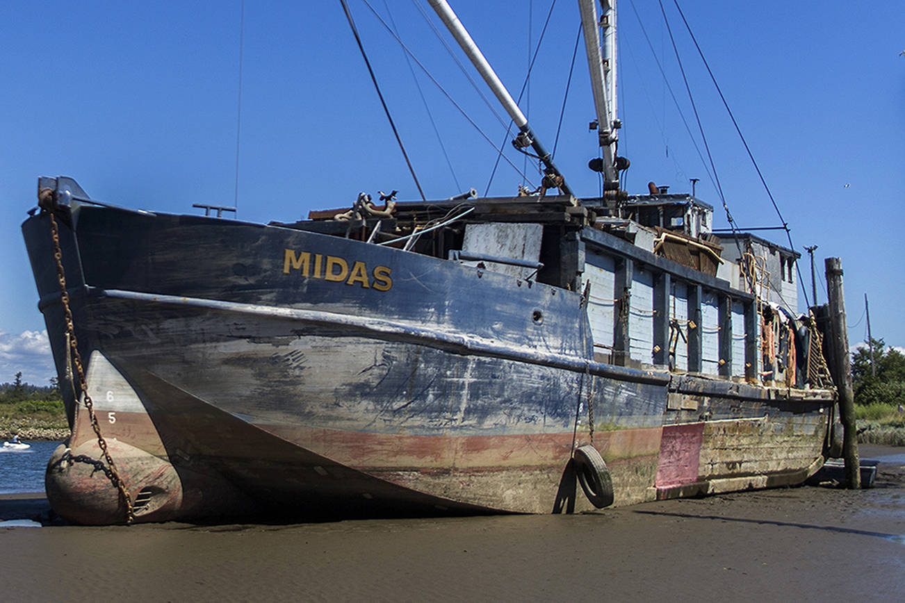 People on jet skis and boats drive past the Hannah Marie, formerly called the Midas, that was run aground along the banks of the Snohomish River on Tuesday, July 3, 2018 in Everett, Wa. (Olivia Vanni / The Herald)