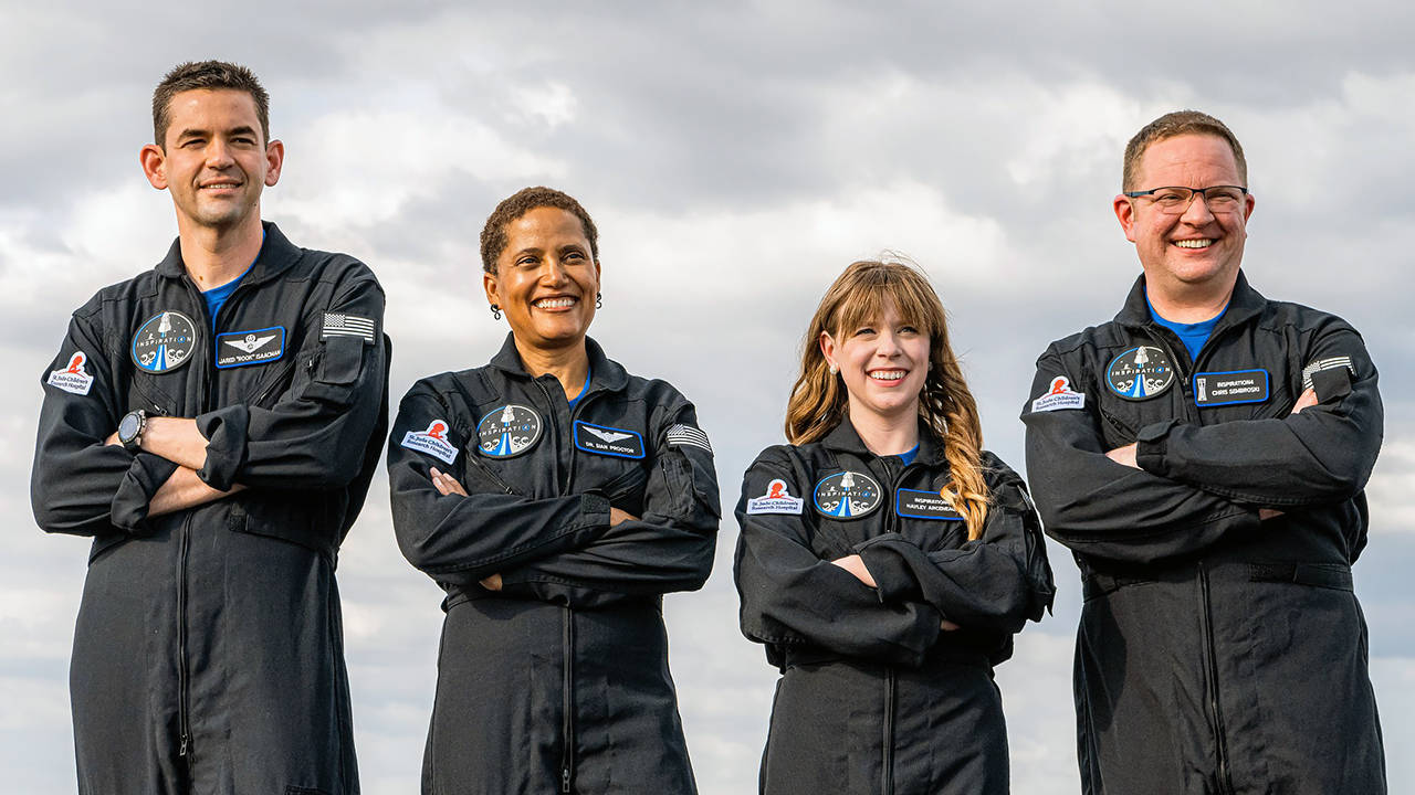 The crew of the Inspiration4 mission planned for later this year, from left, Jared Isaacman, Sian Proctor, Hayley Arceneaux, and Everett’s Christopher Sembroski. (John Kraus/Inspiration4 photo)