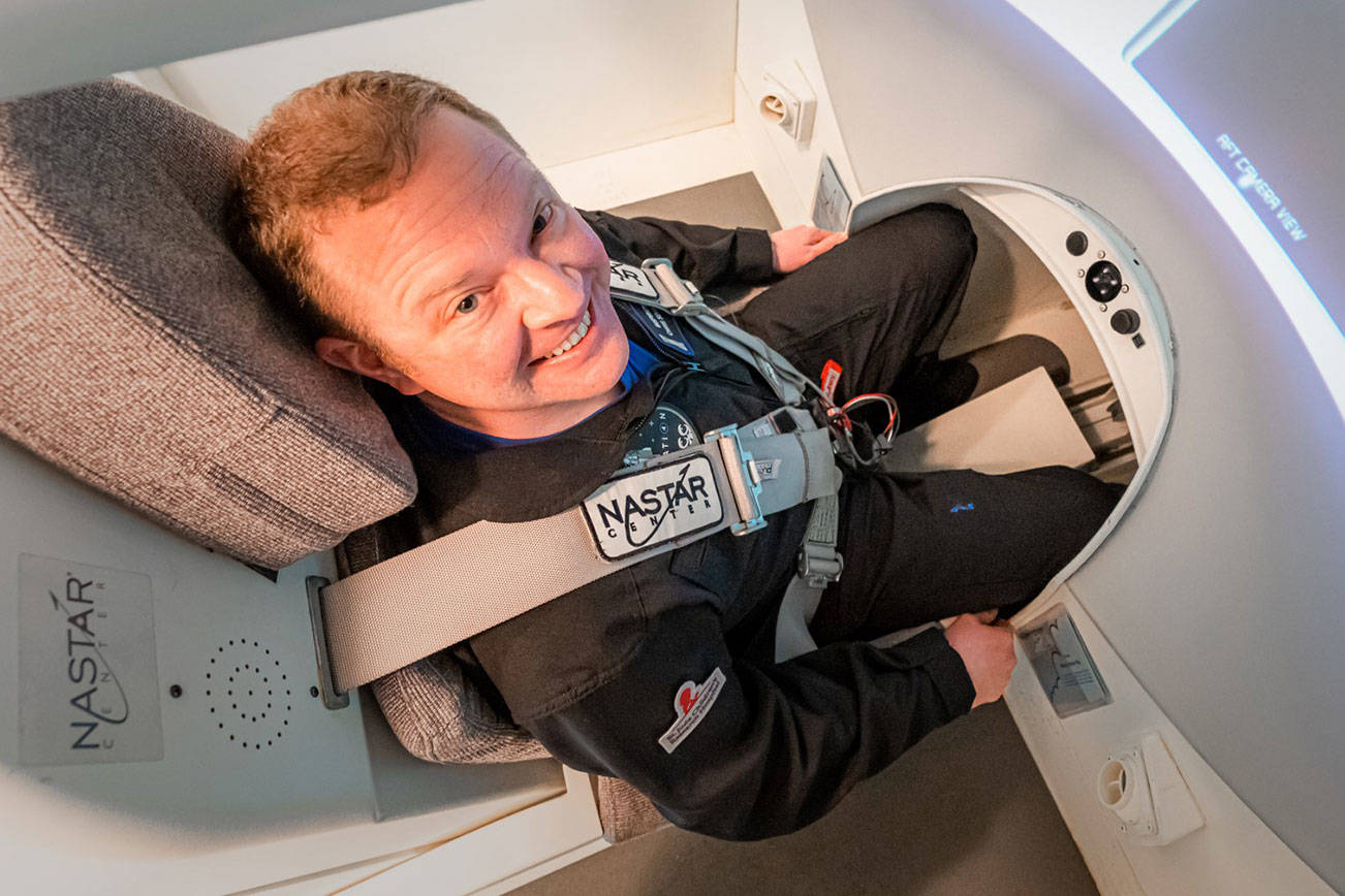 Everett's Christopher Sembroski during centrifuge training at the NASTAR Center in Pennsylvania. (John Kraus/Inspiration4 photo)