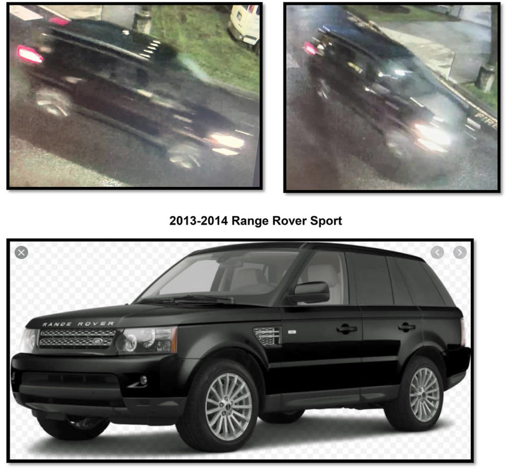 Arlington police believe a suspect fled in this Range Rover (top photos) after a deadly shooting outside a dialysis center Saturday on Smokey Point Boulevard. The SUV was caught on a security camera. The lower image shows the make and model of the vehicle. (Arlington Police Department) 
