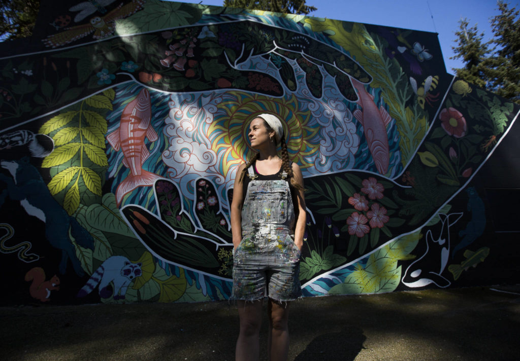 Seattle artist Gabrielle Abbott will discuss her mural “Grateful Steward” at South Lynnwood Park in a virtual event April 22. (Olivia Vanni / The Herald)
