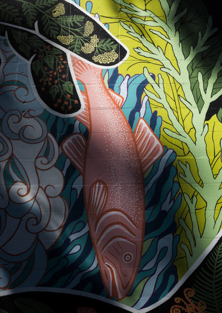 A detail of “Grateful Steward,” Gabrielle Abbott’s mural at South Lynnwood Park. It features plants and animals native to the Lynnwood area. (Olivia Vanni / The Herald)
