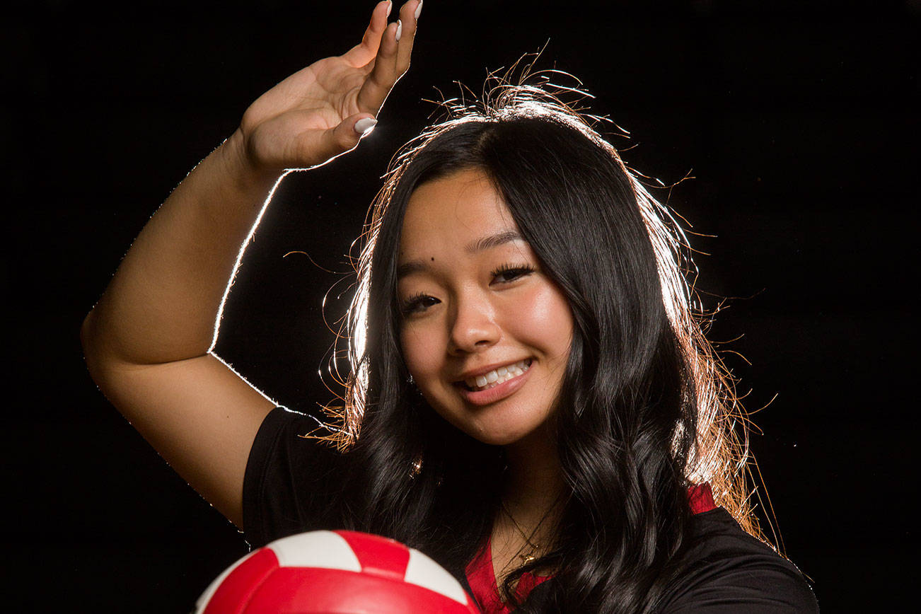 Madison Nguyen, a junior, is an outside hitter for the Archbishop Murphy High vollleyballl team. Shot on Monday, April 19, 2021 in Everett, Washington. (Andy Bronson / The Herald)