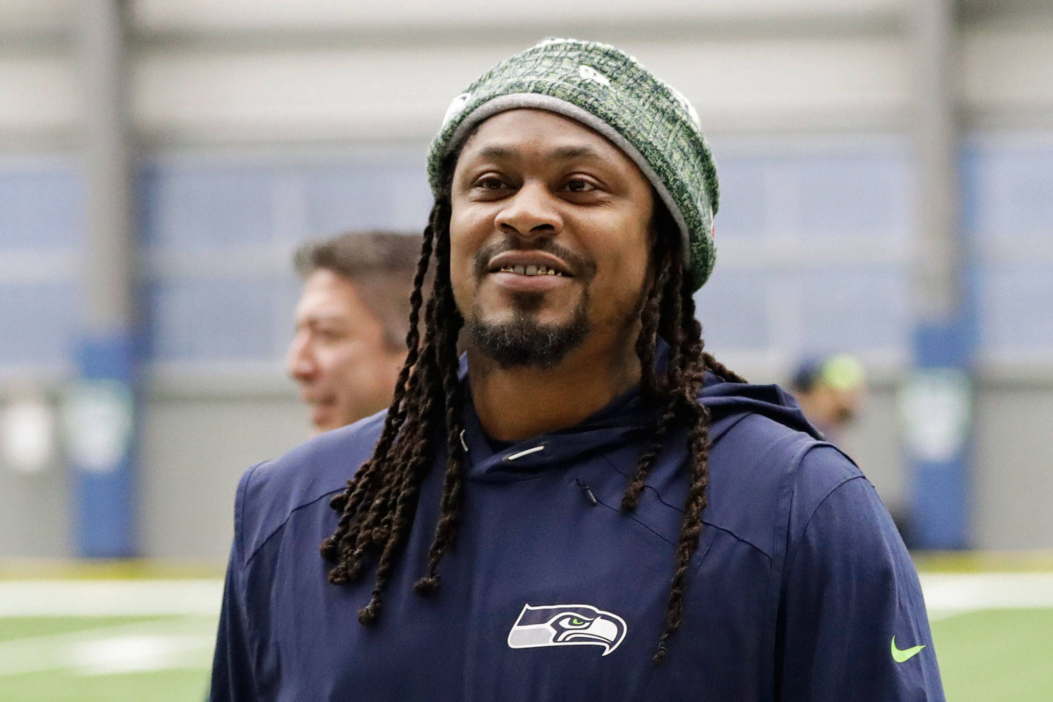 Seahawks running back Marshawn Lynch walks off the field after a practice on Dec. 27, 2019, in Renton. (AP Photo/Ted S. Warren)