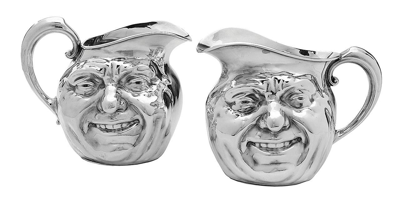 Sunny Jim is the name of these two silver-plated pitchers. They are about 6¼ inches high, and each holds about 56 ounces of liquid. The two sold together at New Orleans Auction Galleries for $4,750 in 2019 and could be worth even more now. (Cowles Syndicate Inc.)