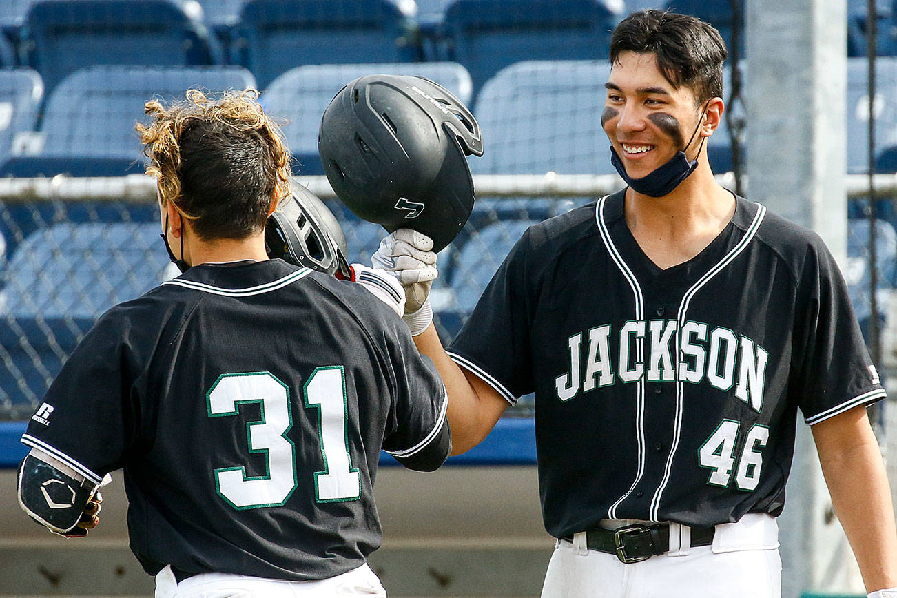 Jackson dominates Cascade, 14-0, Friday afternoon at Funko Field at Memorial Stadium in Everett on April 23, 2021.  (Kevin Clark / The Herald)