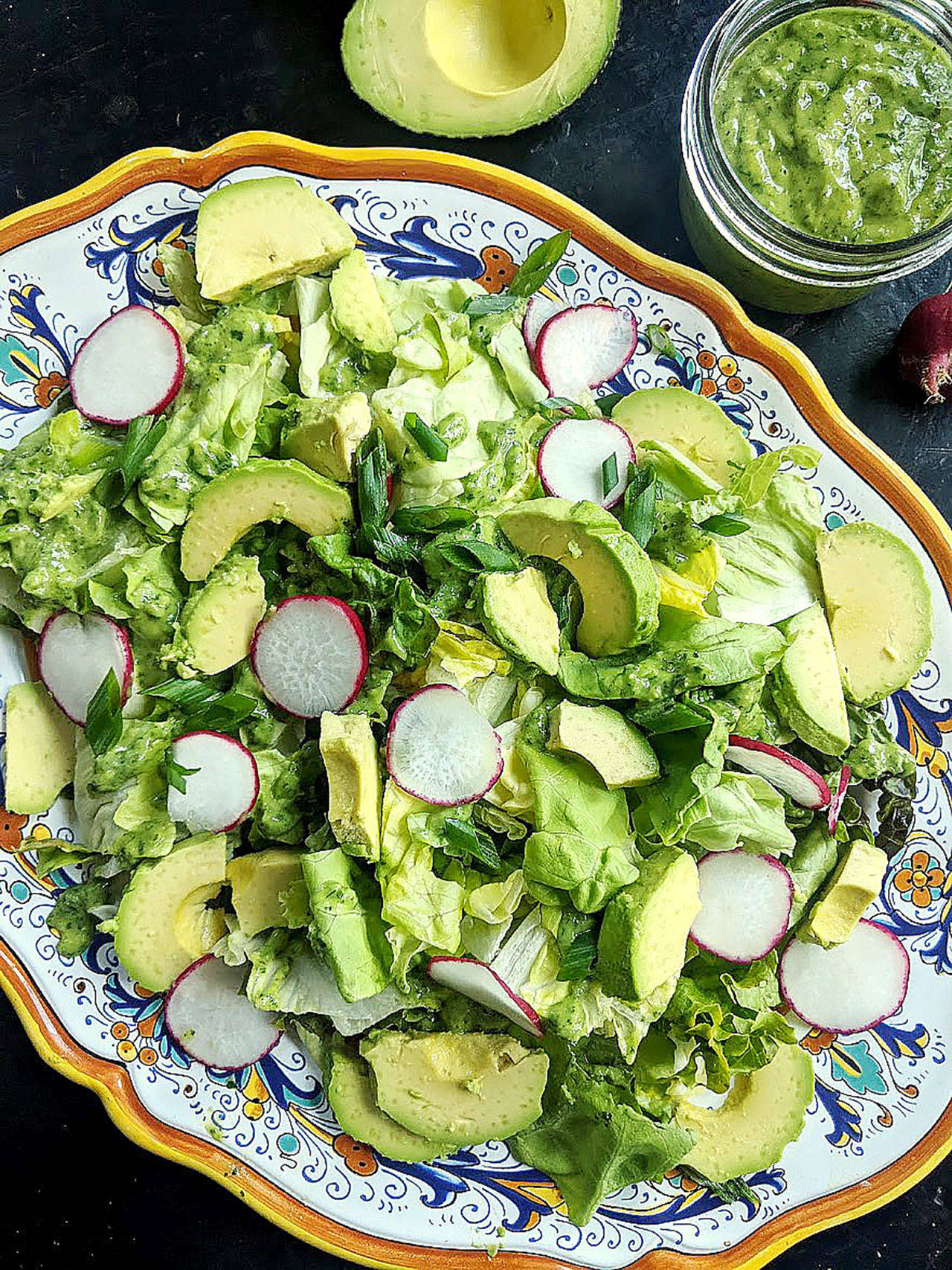 Salad with green goddess dressing is heavenly. Green goddess has gone in and out of style over the years, but this fresh, herbal version with creamy avocado, lemon, rice vinegar, and three different soft and leafy herbs is a keeper. (Gretchen McKay / Post-Gazette)