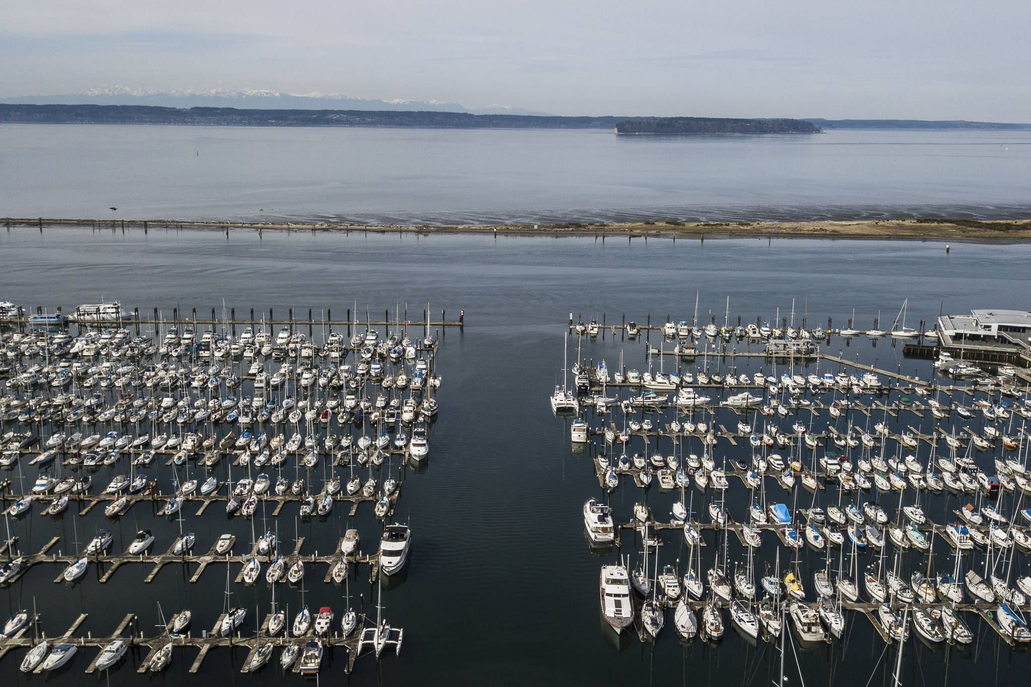 A view over the Port of Everett Marina, looking toward the southern Whidbey Island fault, which runs under the island and Puget Sound. (Olivia Vanni / The Herald)