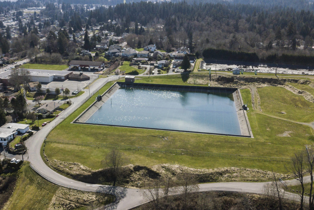 The Rucker Hill Reservoir is one of two holding tanks used by Everett Public Works to supply water to residents. (Olivia Vanni / The Herald) 

