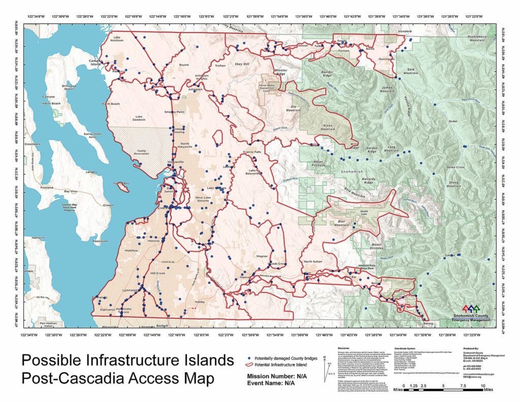 Earthquakes can destroy bridges and isolate people. This model shows the potential effect of a quake originating from the Cascadia Subduction Zone: damaging dozens of bridges and fracturing Snohomish County into 60 population “islands.” A major quake along the shallower, much closer southern Whidbey Island fault could prove even worse for the illustrated region. (Snohomish County Department of Emergency Management) 

