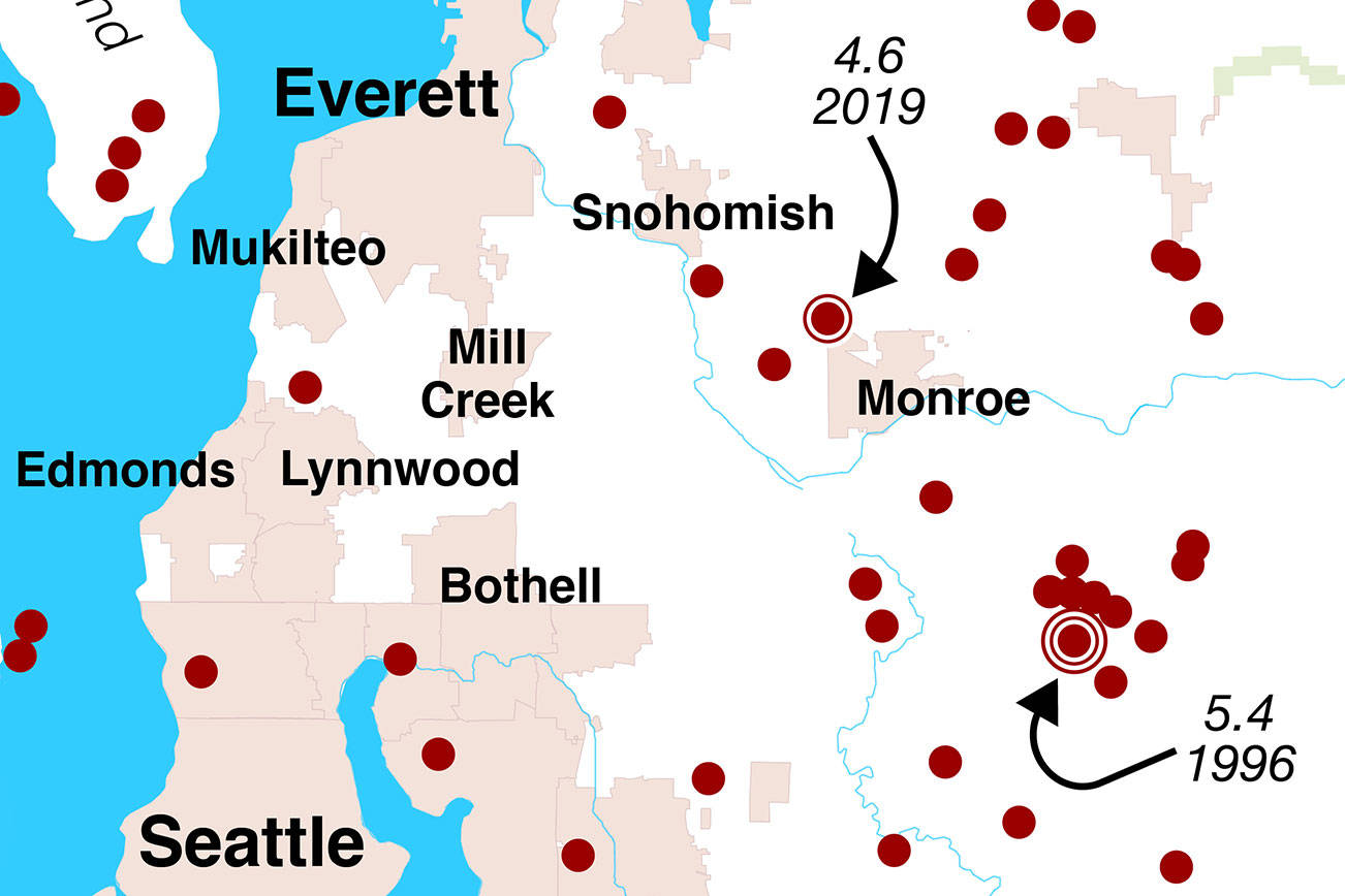 NO CAPTION NECESSARY. Map shows epicenters for earthquakes greater than 3.0 magnitude between 1969 and 2021. (Chuck Taylor / The Herald) 20210509