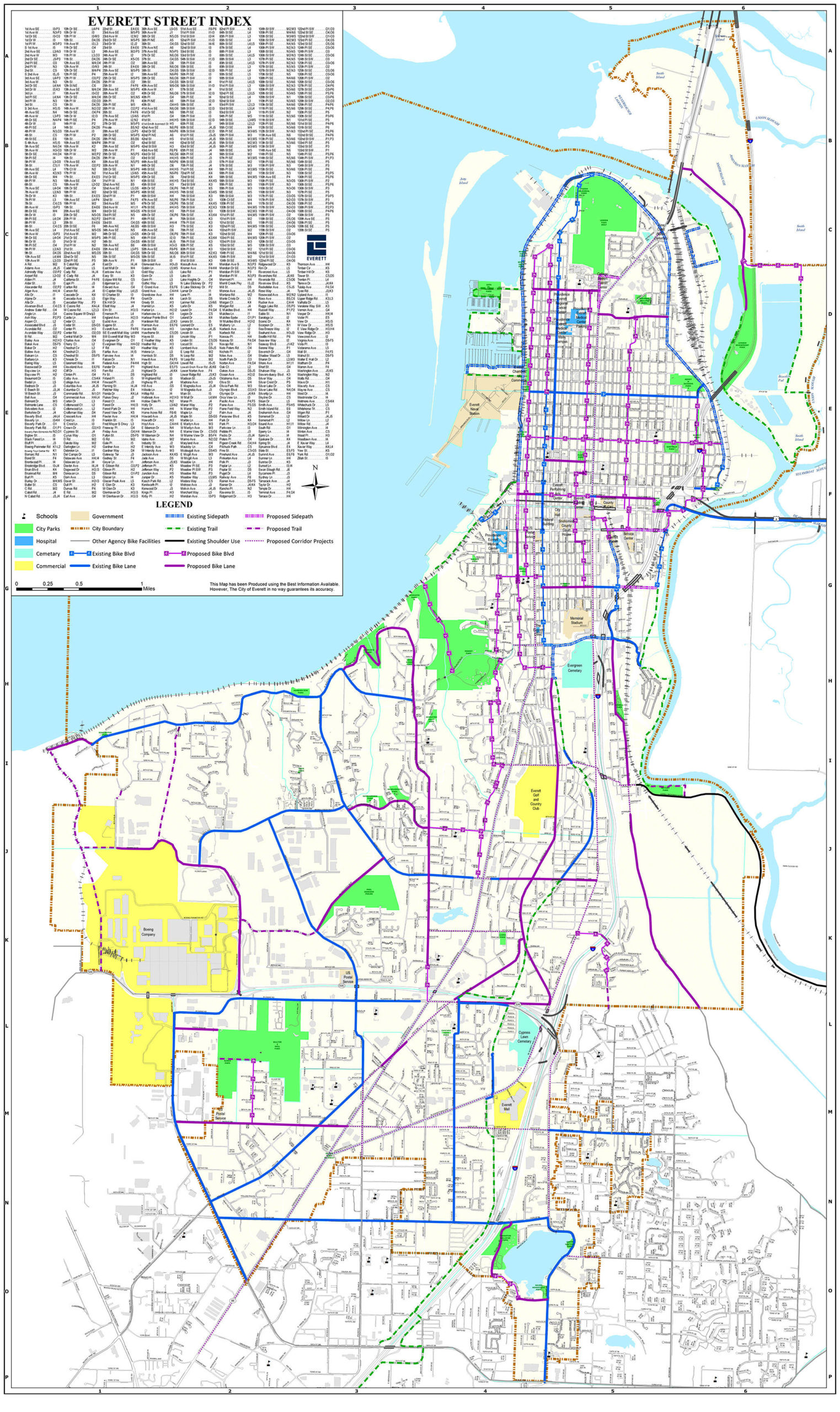The city has updated its Bicycle Master Plan map with recently built bike facilities and segments the city could one day build. (City of Everett)