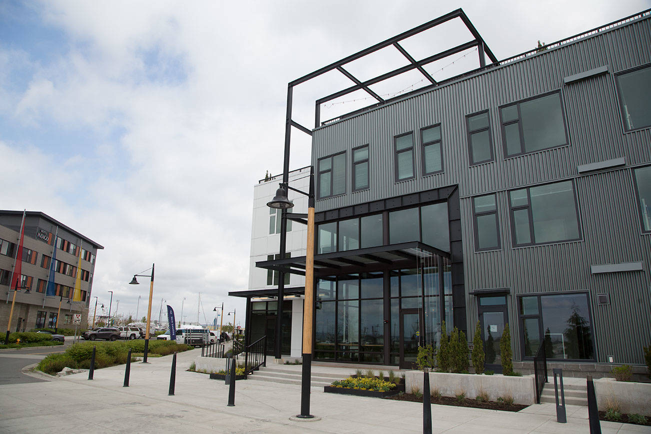 The Waterfront Place Apartments north building at the Port of Everett’s Waterfront Place cold see residents moving in by May 15. on Thursday, April 22, 2021 in Everett, Washington. (Andy Bronson / The Herald)