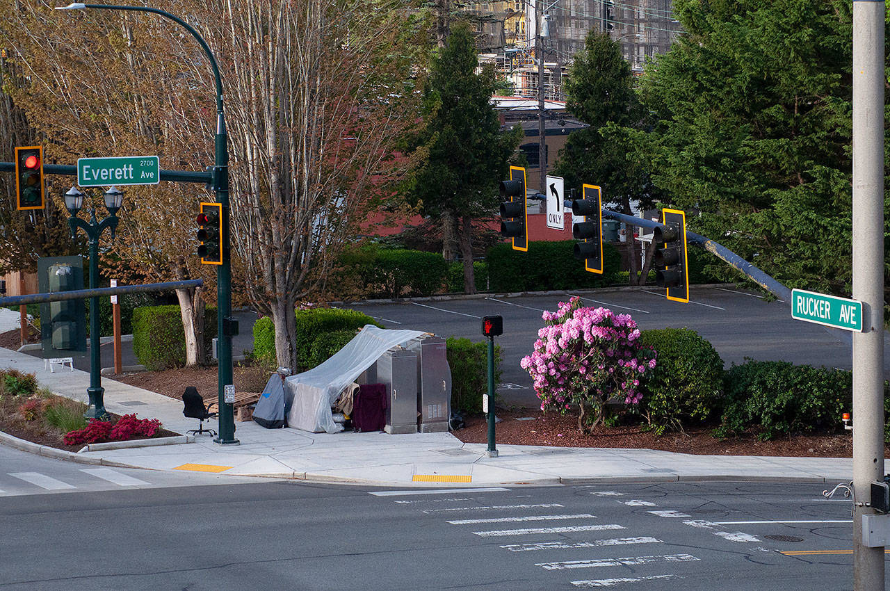 A single encampment recently went up on the corner of Everett and Rucker. (Sue Misao / The Herald)