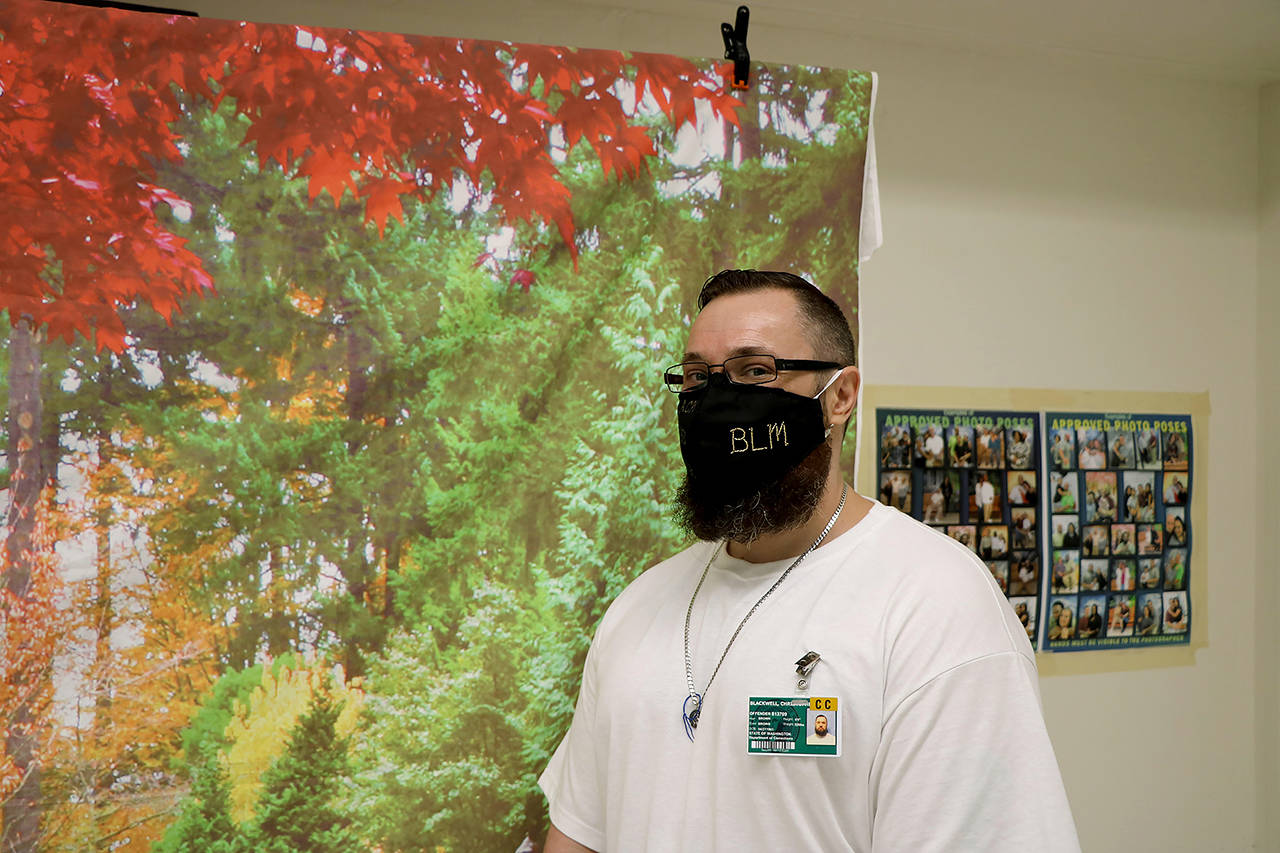 Christopher Blackwell on his wedding day, Sept. 18, 2020, at the Monroe Correctional Complex. (Mark Miller)