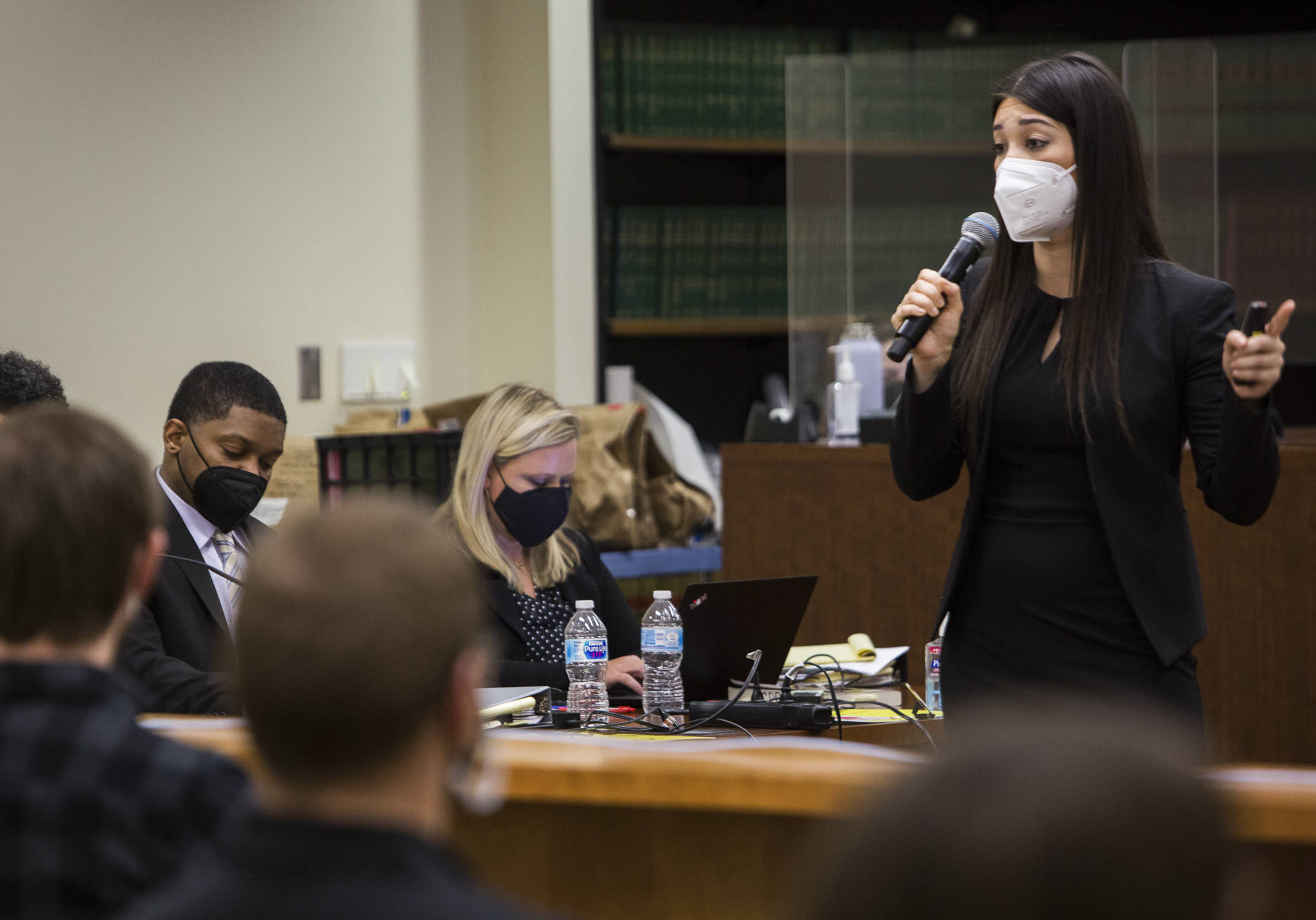 Snohomish County prosecutor Jacqueline Lawrence makes her opening statements Friday during the murder trial of Jamel Alexander in Everett. (Olivia Vanni / The Herald)