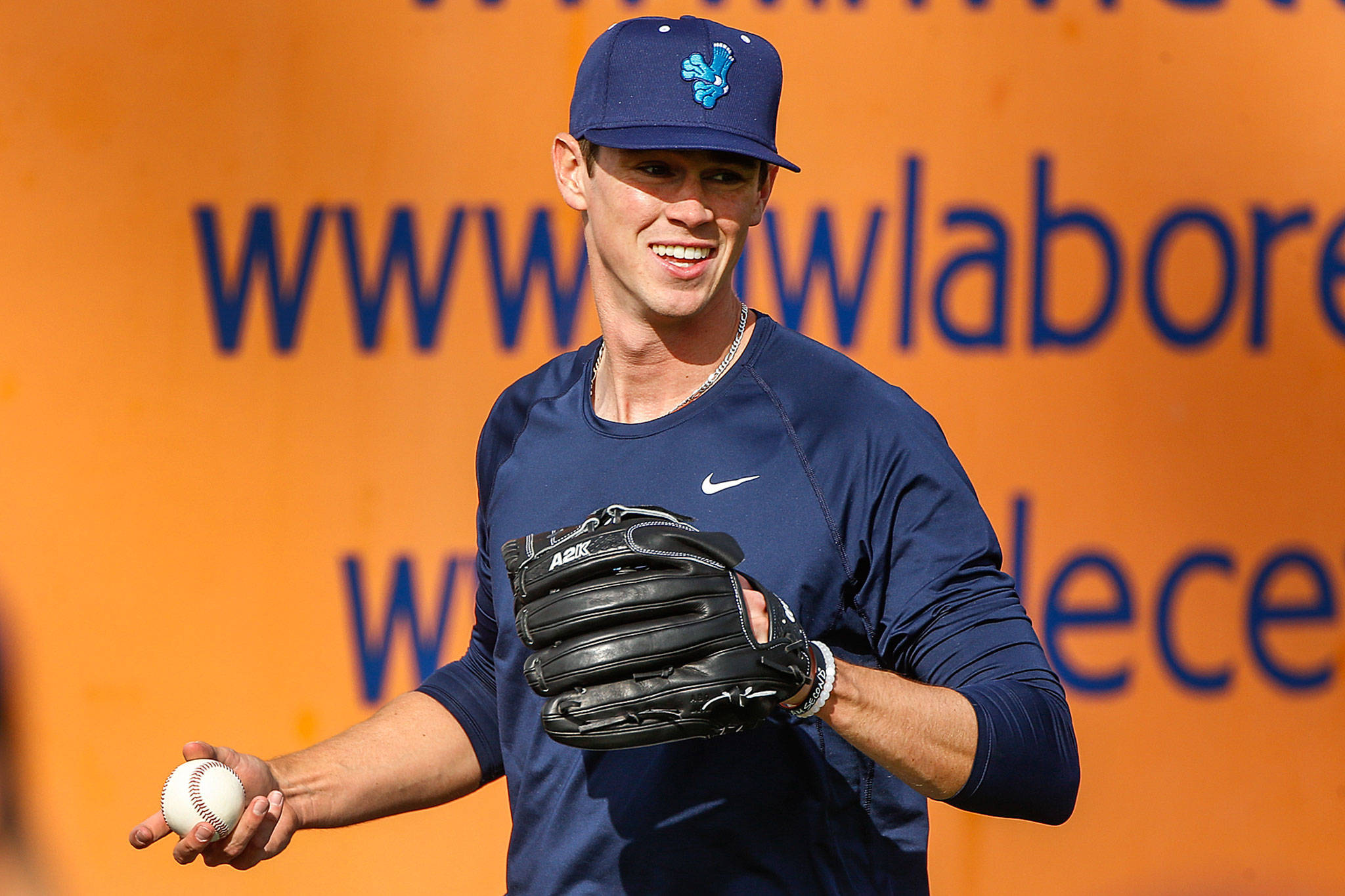 AquaSox pitcher Emerson Hancock, the No. 6 overall pick in last year’s MLB draft, warms up during Saturday afternoon’s practice at Funko Field in Everett. (Kevin Clark / The Herald)