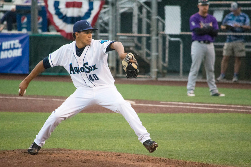 Juan Then, pictured here in 2019, is a hard-throwing pitcher whose fastball reportedly reached 100 mph last fall. (Katie Webber / The Herald)
