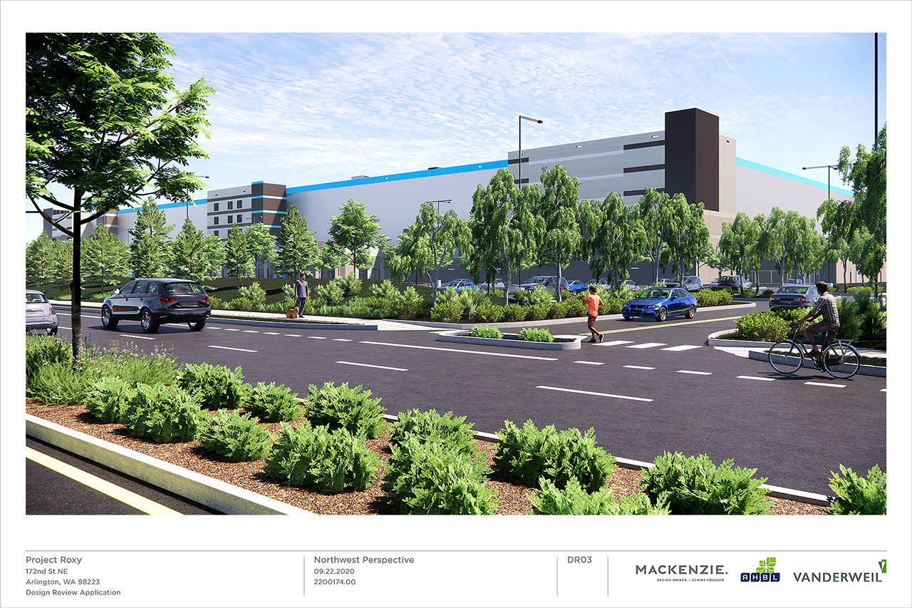 An artist’s rendering of the Amazon distribution center at the Cascade Industrial Center in Arlington.