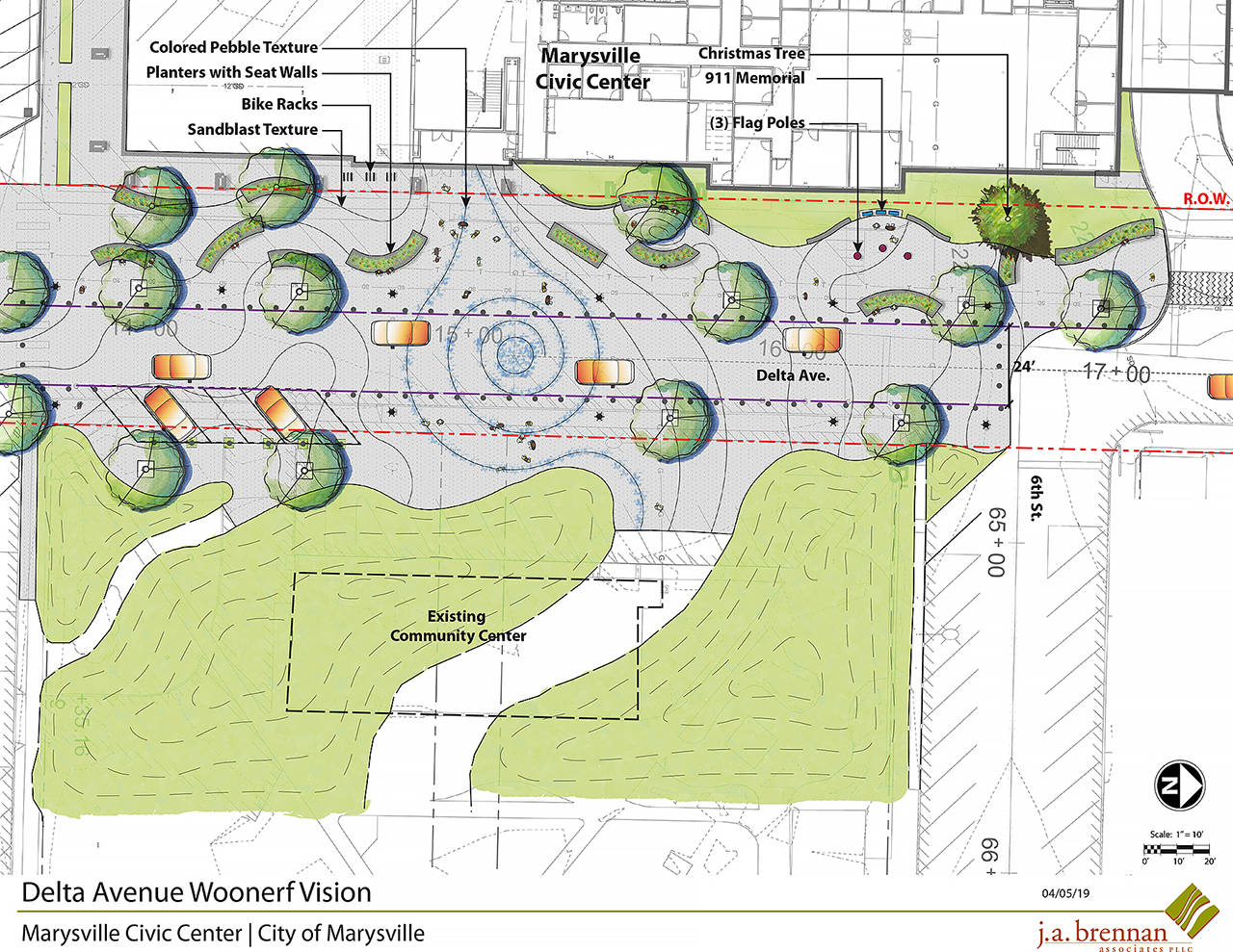 The design concept for the public plaza outside the Marysville’s new civic center set to debut in spring 2022. (City of Marysville)