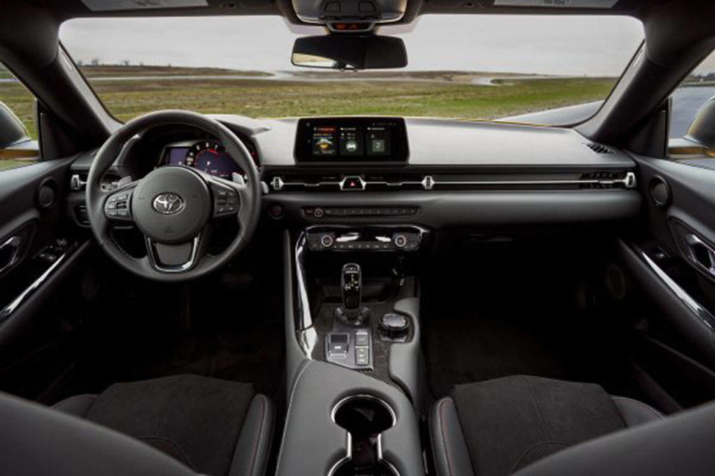 The 2021 Toyota GR Supra’s handsome interior is snug, but seats are supremely comfortable. (Manufacturer photo)
